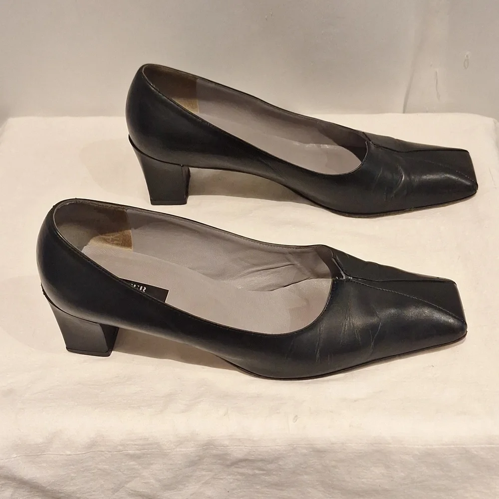 Peter Kaiser Black Block Heel Square Toe Leather Pumps